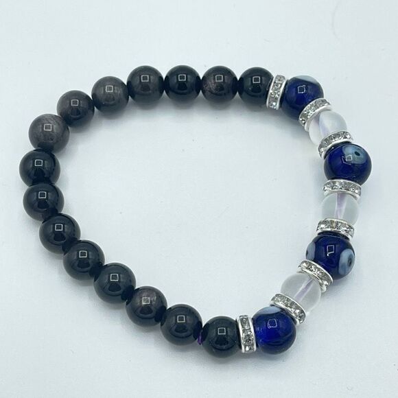Crystal beaded stretch bracelet ONE NEW evil eye silver obsidian reiki meditatio - Picture 3 of 9